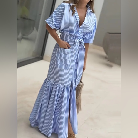 NEW‎ Blue Striped Maxi Dress - Picture 3 of 10